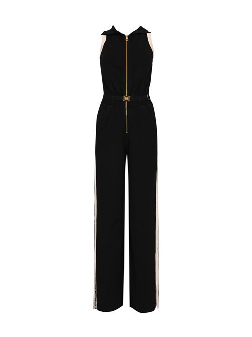 Tuta in maglia con bande in viscosa lucida con cintura Nero/Burro Elisabetta Franchi | KT68S61E2685